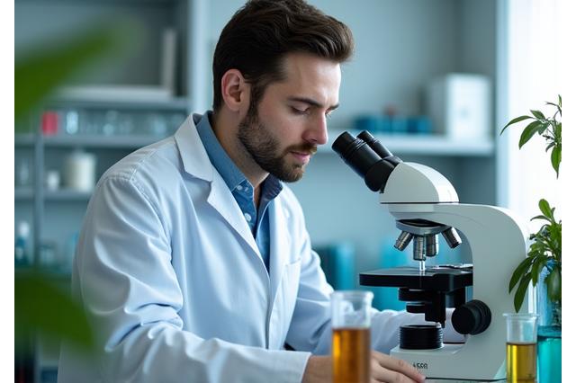 Scientist working in a lab with natural ingredients, symbolizing research and development.