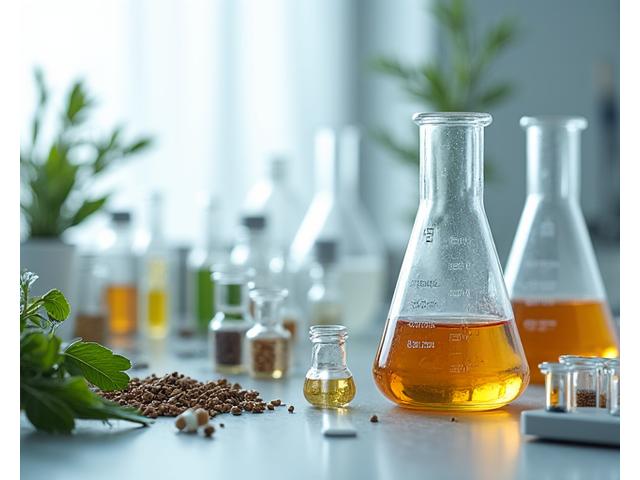 Scientific instruments and raw herbal ingredients on a laboratory workbench, symbolizing custom formulation.