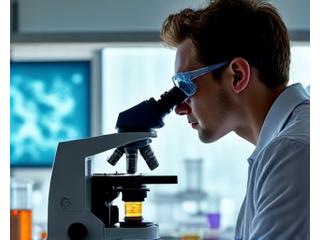 A laboratory setting with a scientist looking through a microscope, surrounded by scientific instruments and data displays.