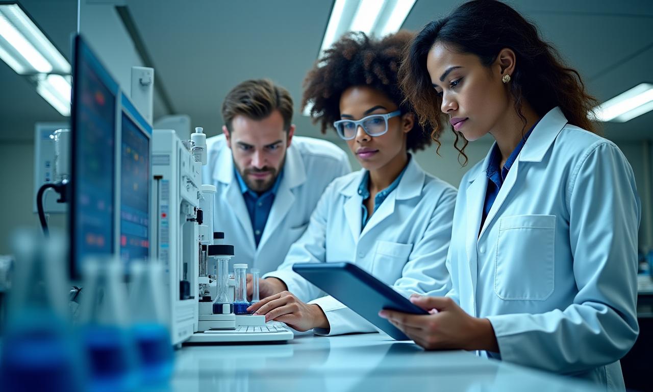 Scientists in a modern laboratory setting conducting quality control tests on nutritional supplements