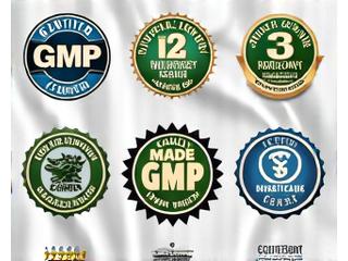 Illustration of various certification badges like GMP, organic, and third-party tested, indicating high standards.