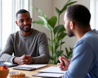A nutritionist consulting with a client, showing healthy food options