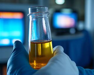 Laboratory equipment and a hand holding a test tube during quality assurance